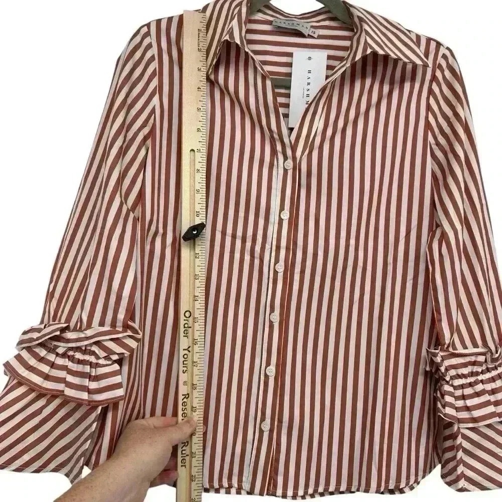 HARSHMAN SHIRT WOMEN’S XS BROWN STRIPED BUTTON DOWN FLARED SLEEVE COTTON NWT - Picture 6 of 13